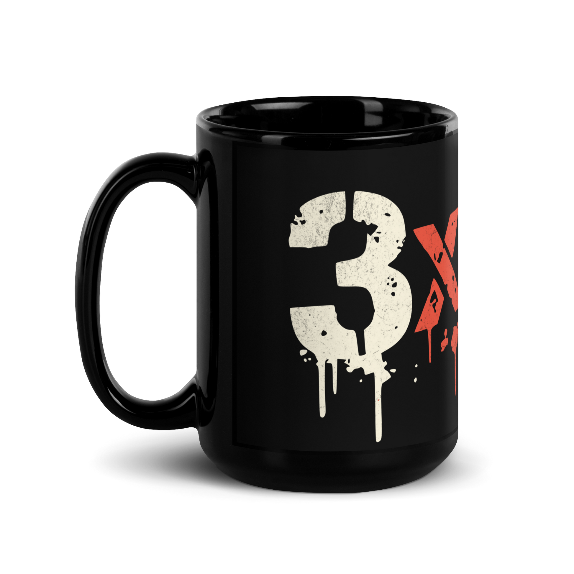 Schwarze Tasse mit 3x6=9 Graffiti, Seitenansicht Links