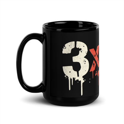 Schwarze Tasse mit 3x6=9 Graffiti, Seitenansicht Links