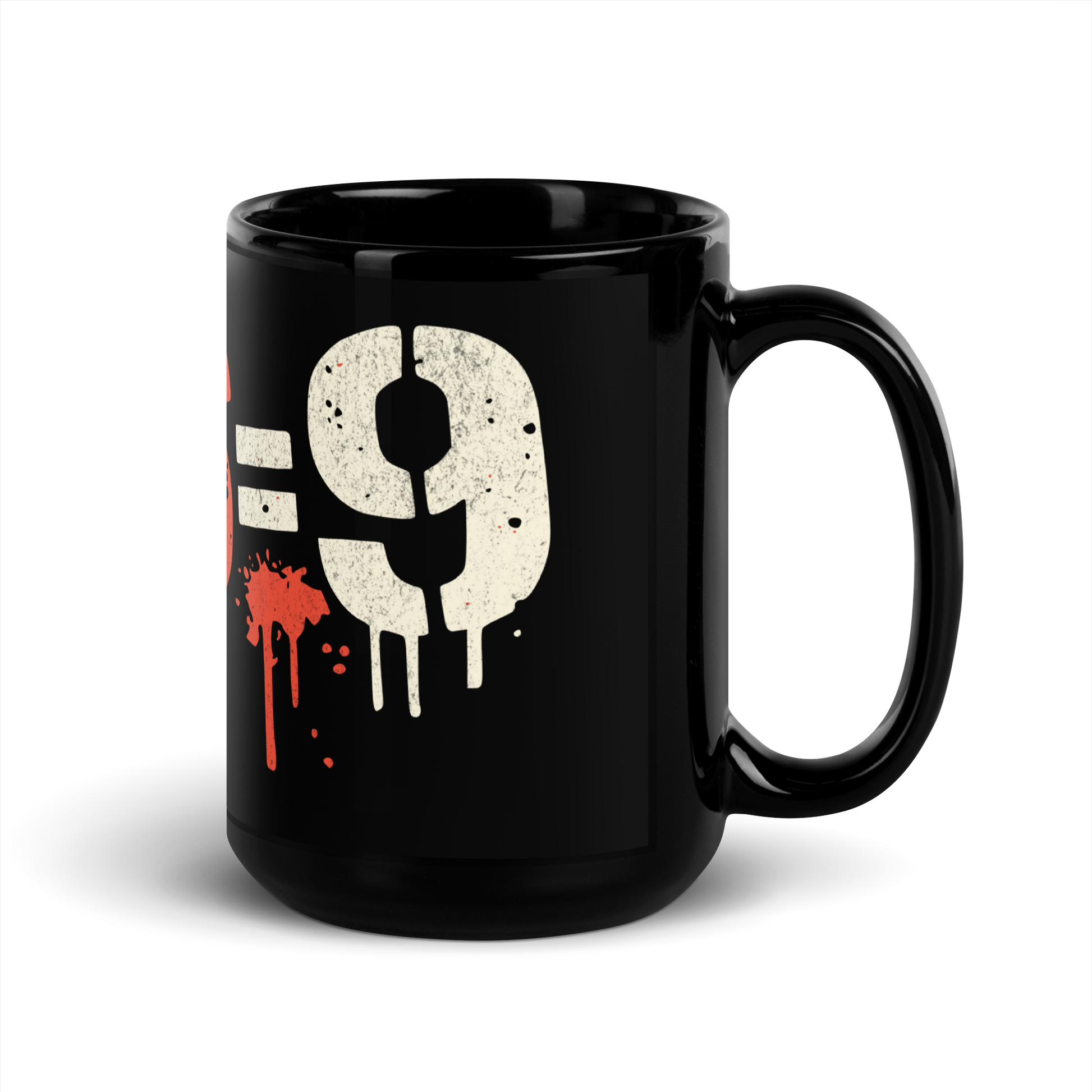 Schwarze Tasse mit 3x6=9 Graffiti, Seitenansicht Rechts