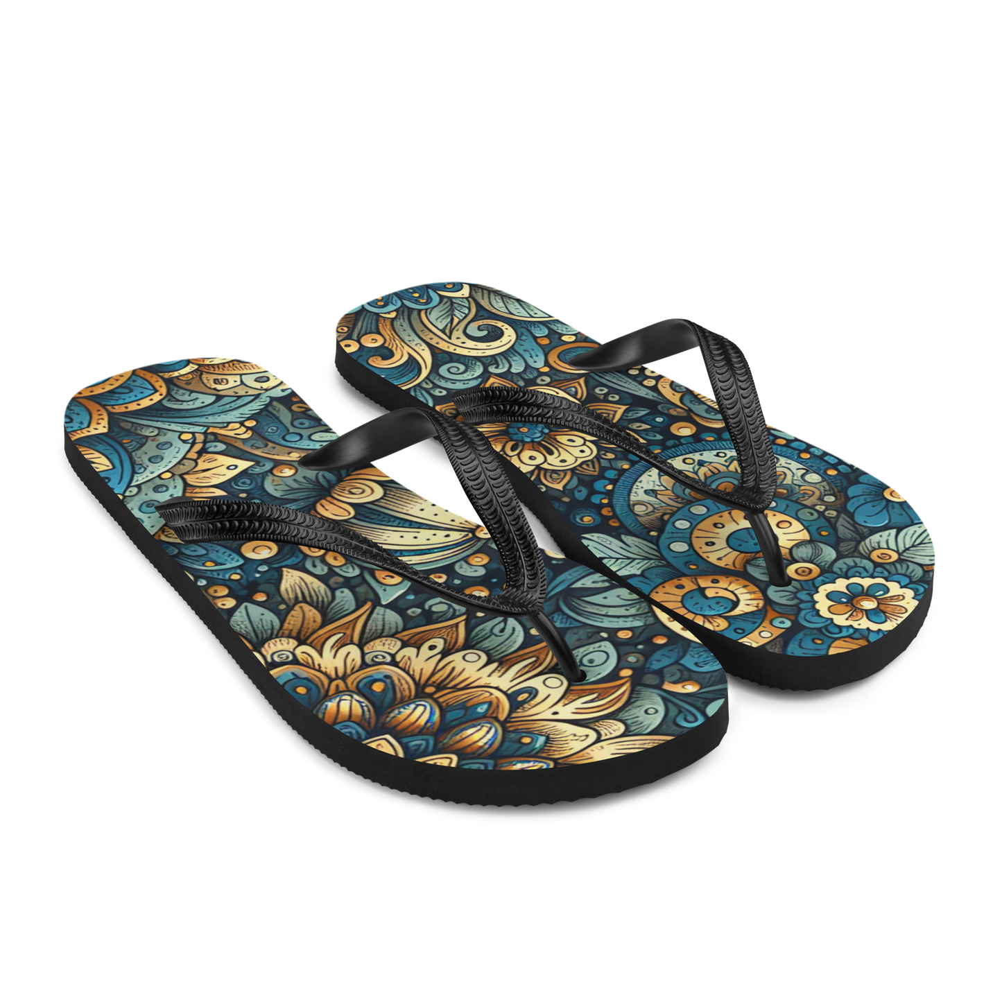 Seitenansicht zwei Flip-Flops mit gold blauem mystischem Blumen Muster