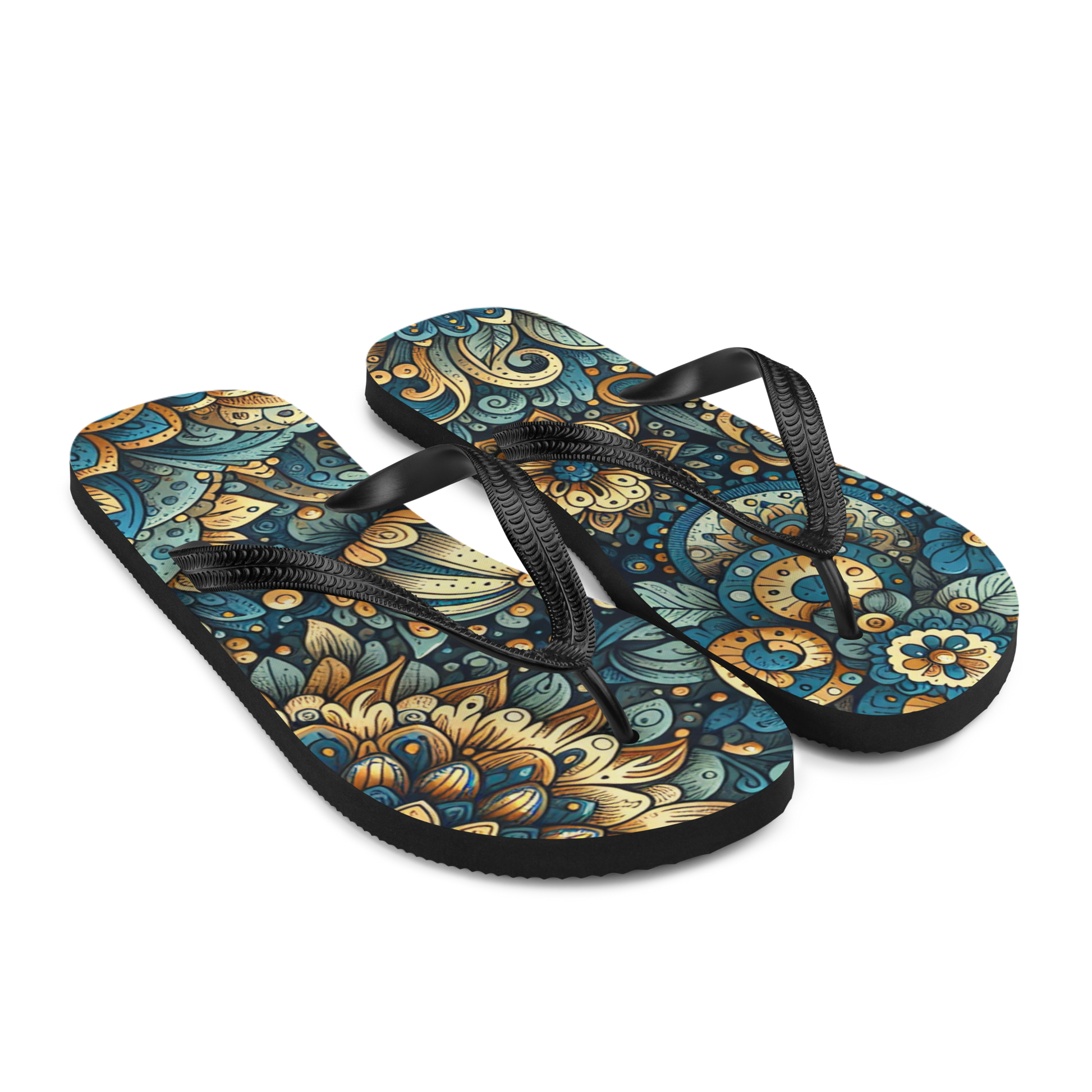Seitenansicht zwei Flip-Flops mit gold blauem mystischem Blumen Muster