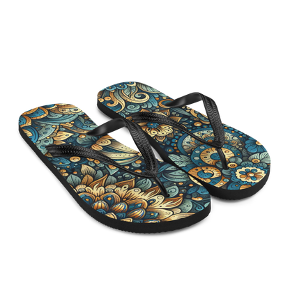 Seitenansicht zwei Flip-Flops mit gold blauem mystischem Blumen Muster