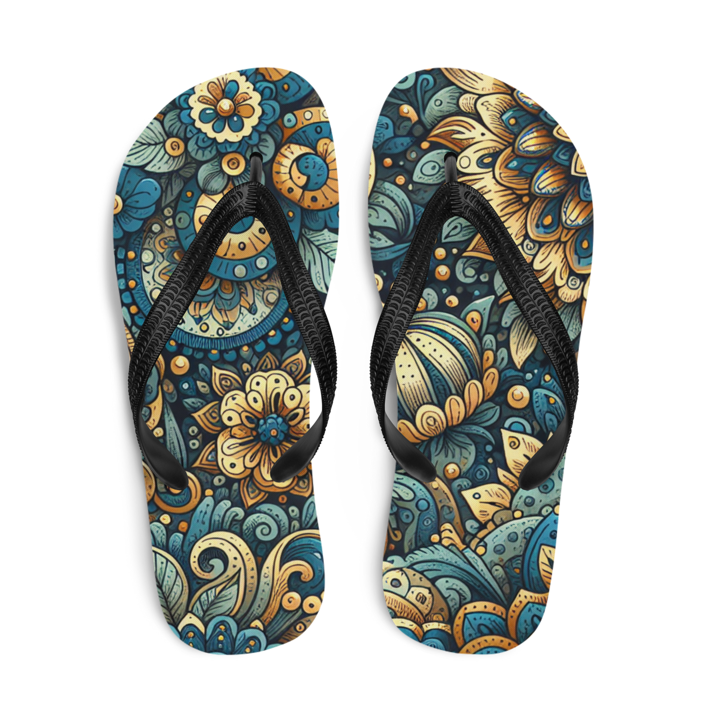 Obenansicht zwei Flip-Flops mit gold blauem mystischem Blumen Muster