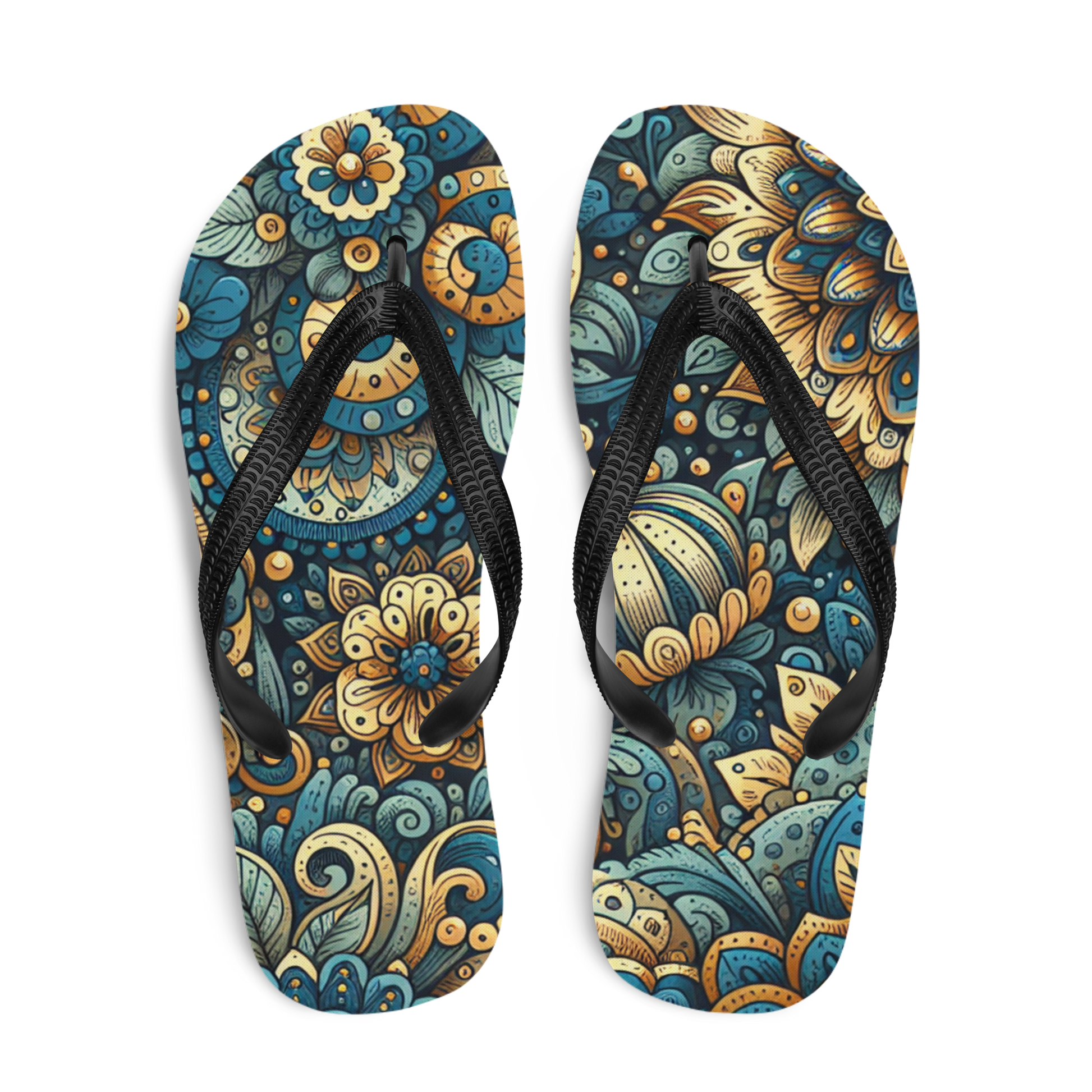 Obenansicht zwei Flip-Flops mit gold blauem mystischem Blumen Muster