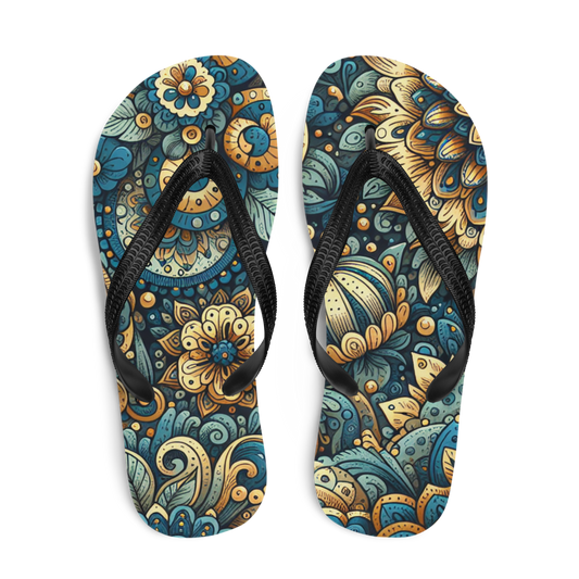 Obenansicht zwei Flip-Flops mit gold blauem mystischem Blumen Muster
