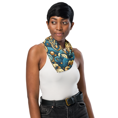 Frau trägt Bandana mit mystischem blau goldenem Blumenmuster