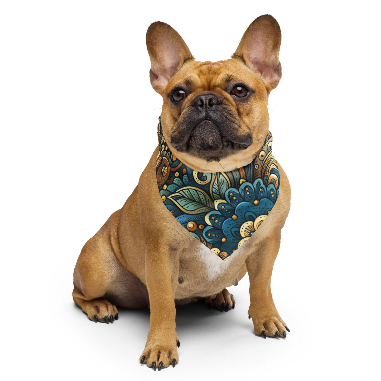 Hund trägt Bandana mit mystischem blau goldenem Blumenmuster