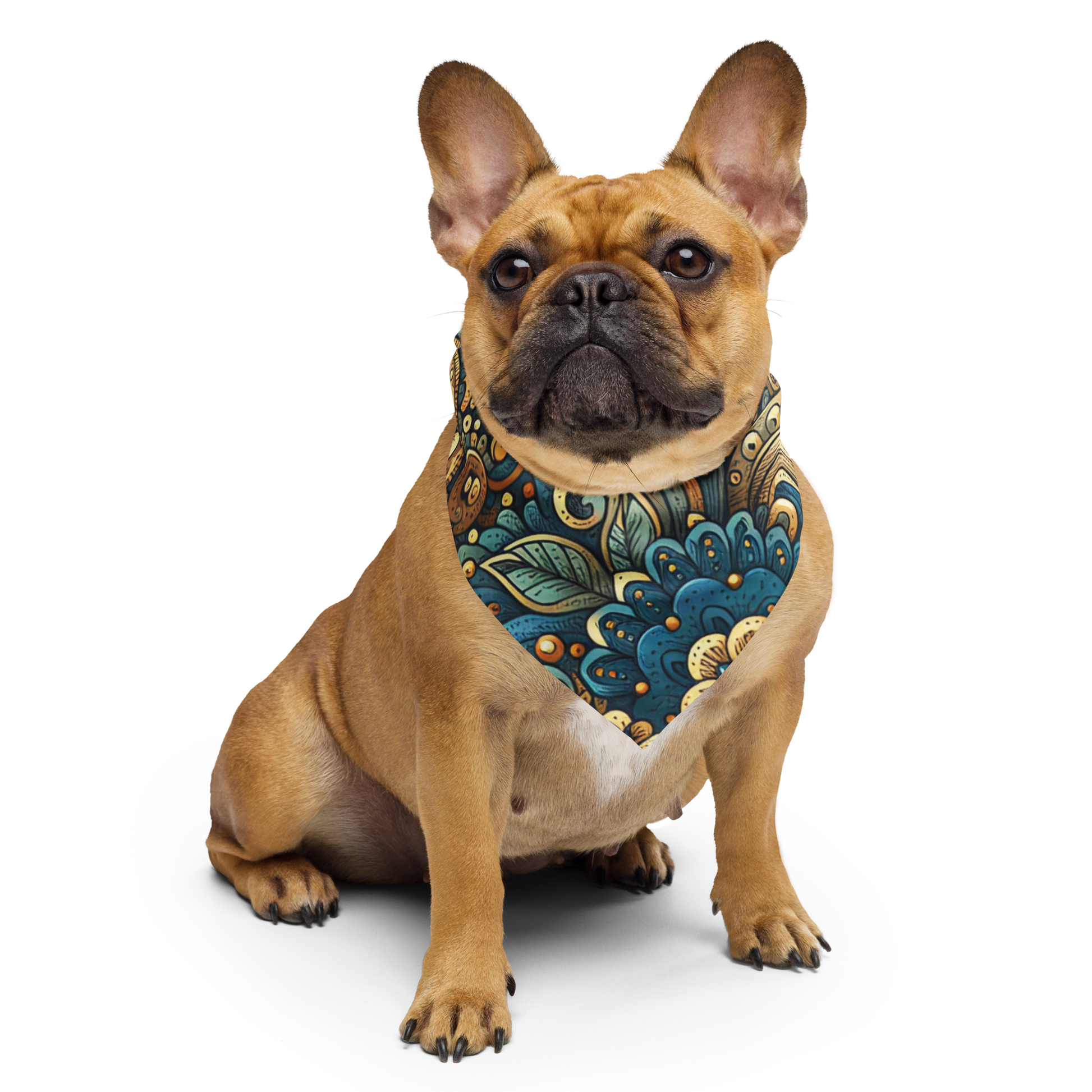 Hund trägt Bandana mit mystischem blau goldenem Blumenmuster
