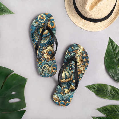Obenansicht Mock Up zwei Flip-Flops mit gold blauem mystischem Blumen Muster