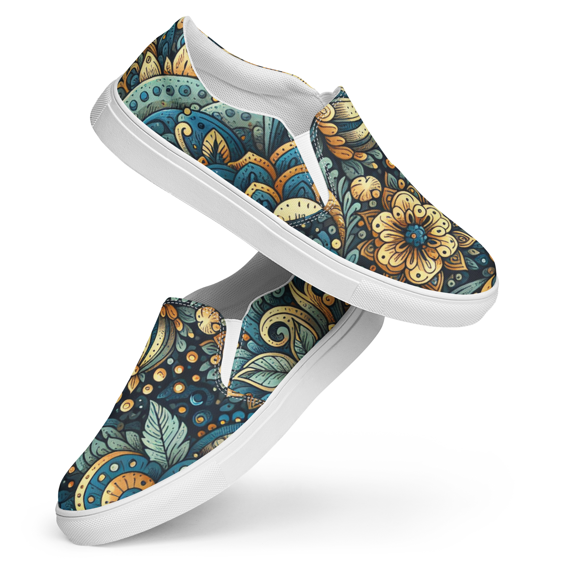 Seitenansicht zwei Slip Ons mit mystischem gold blauem Blumenmuster und weißem Gummirand