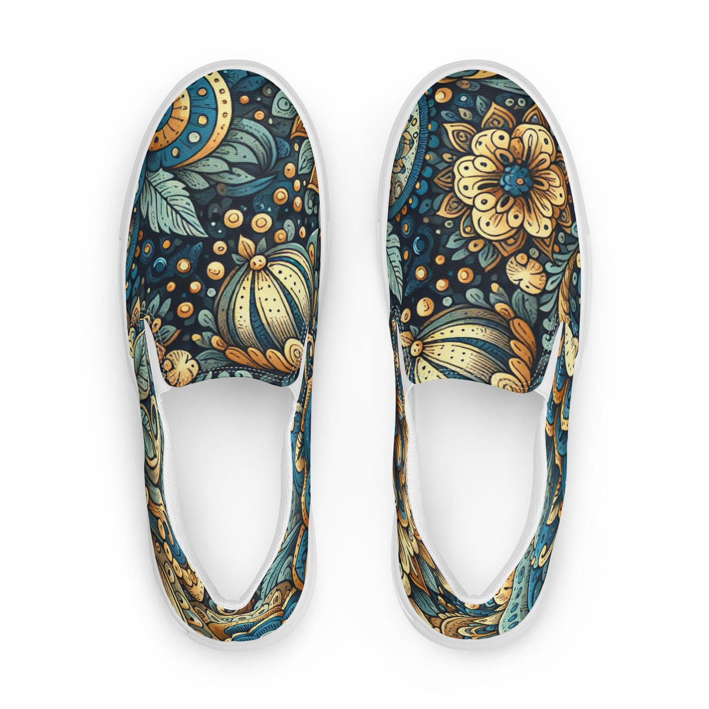 Obenansicht zwei Slip Ons mit mystischem gold blauem Blumenmuster