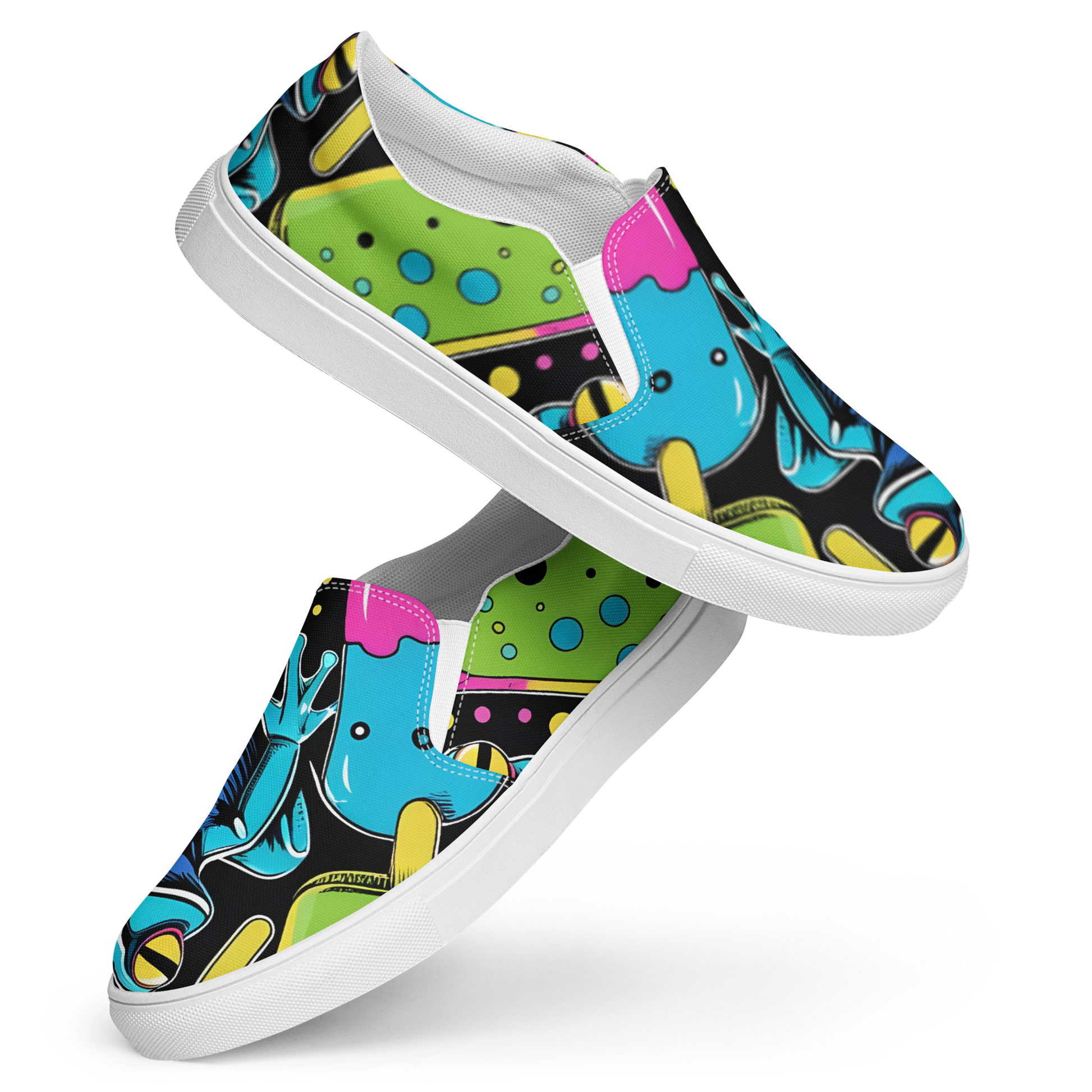 Zwei Damen Slip Ons mit Giftfröschen und Eis bedruckt und weißem Gummirand