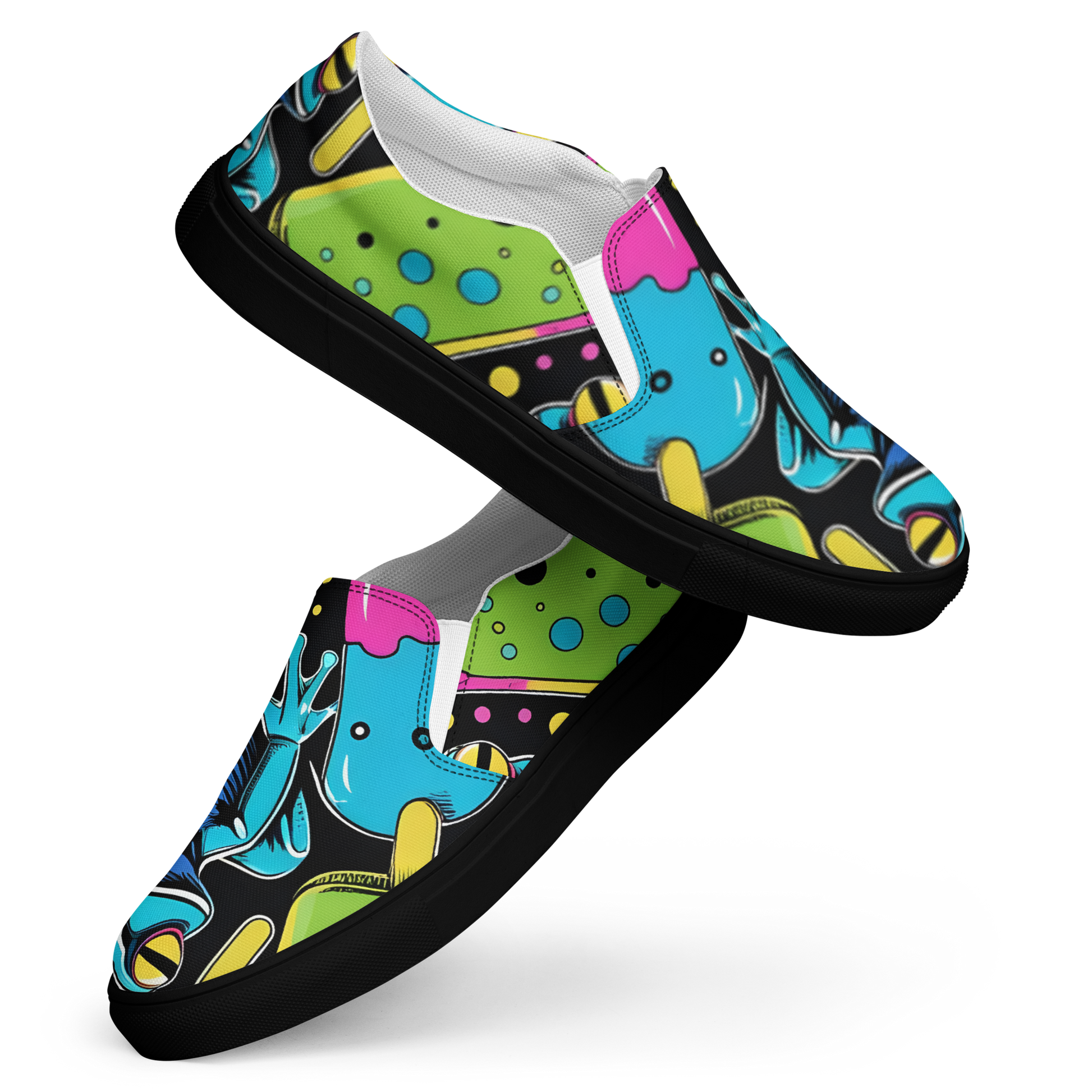 Zwei Damen Slip Ons mit Giftfröschen und Eis bedruckt und schwarzem Gummirand