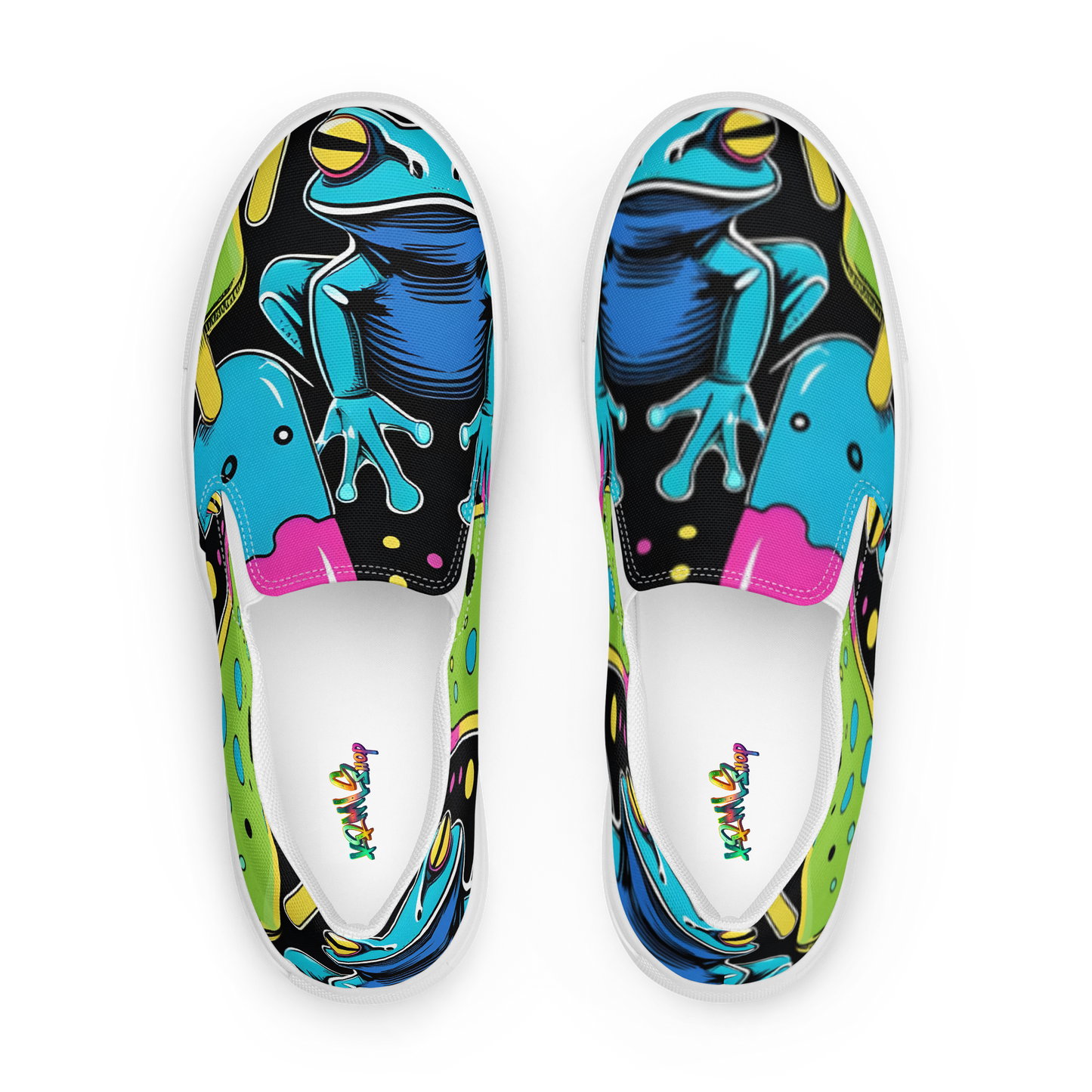Obenansicht Zwei Damen Slip Ons mit Giftfröschen und Eis bedruckt und weißem Gummirand