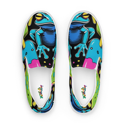 Obenansicht Zwei Damen Slip Ons mit Giftfröschen und Eis bedruckt und weißem Gummirand