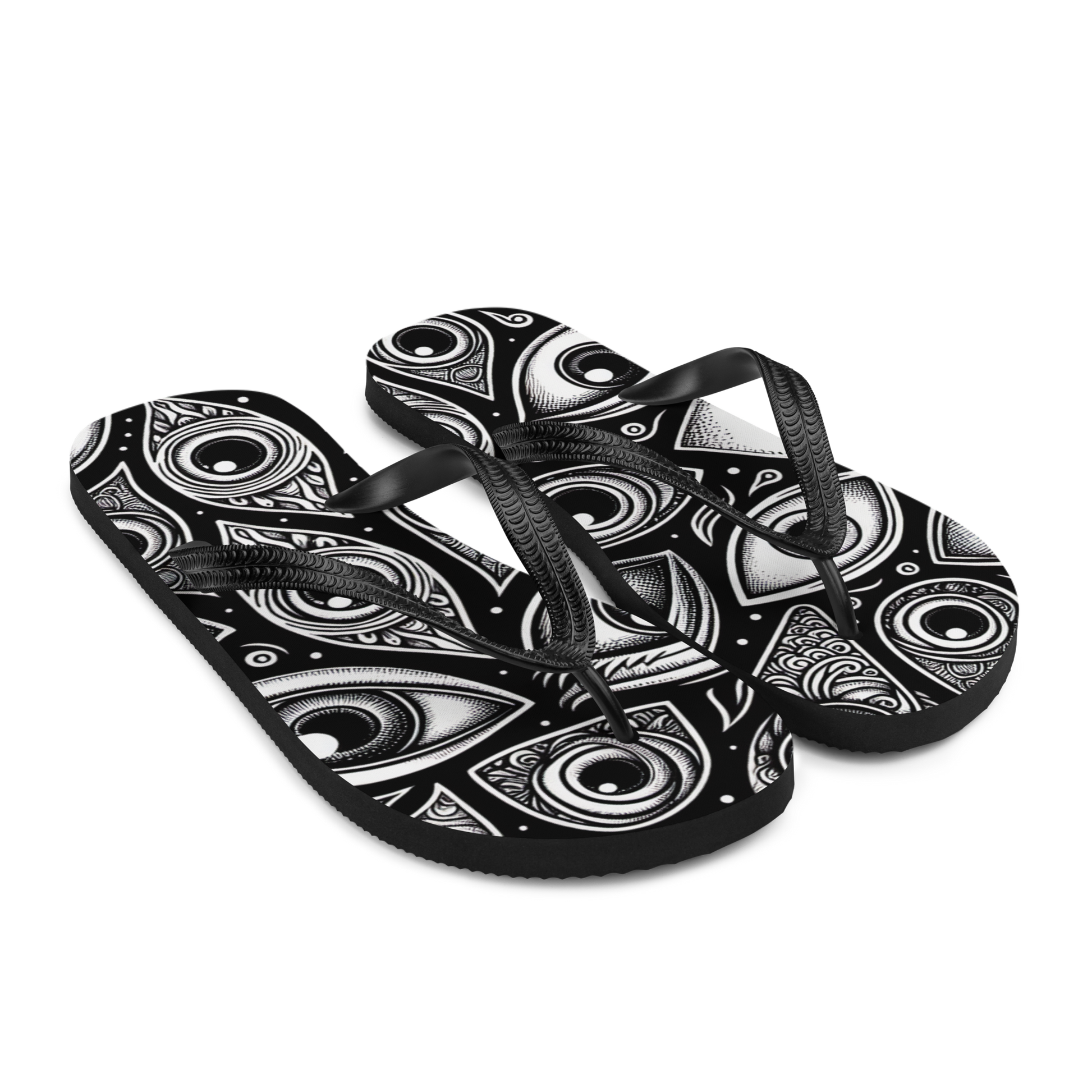 Flip-Flops mit schwarz weißen Augen bedruckt, Seitenansicht