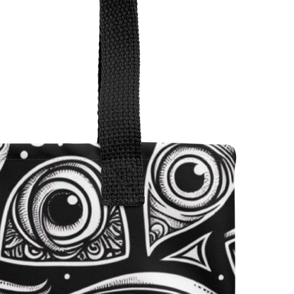 Nahaufnahme Over Stoffbeutel mit schwarz weißem Augen Muster bedruckt und schwarzem Henkel