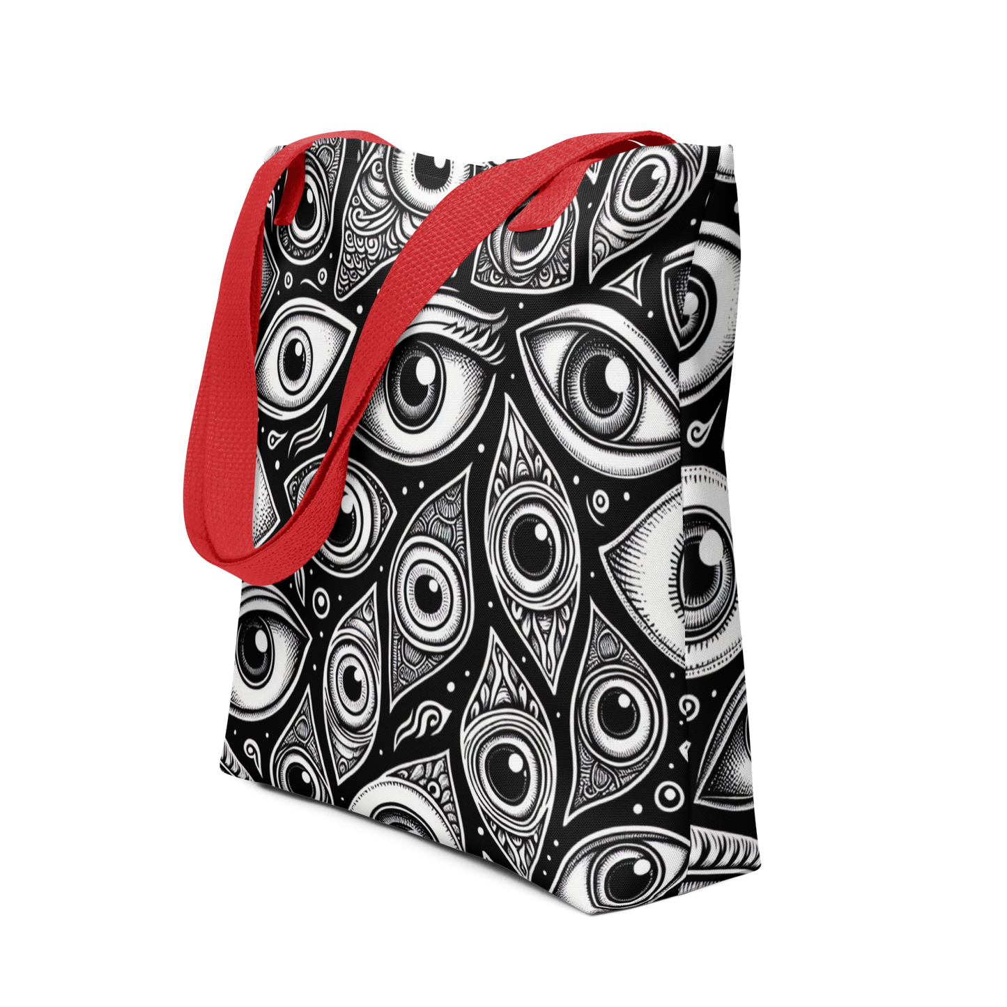 All Over Stoffbeutel mit schwarz weißem Augen Muster bedruckt und rotem Henkel