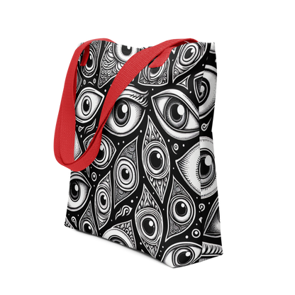All Over Stoffbeutel mit schwarz weißem Augen Muster bedruckt und rotem Henkel