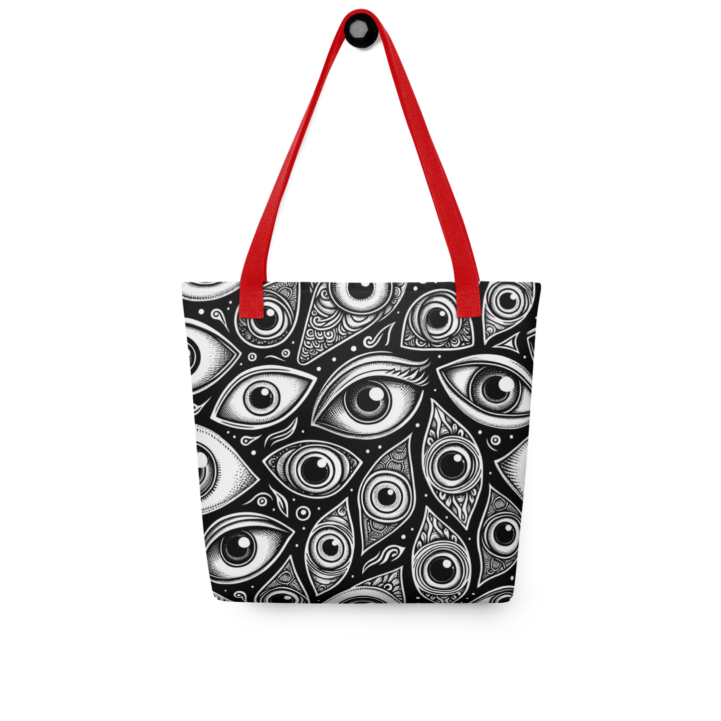 All Over Stoffbeutel mit schwarz weißem Augen Muster bedruckt und rotem Henkel