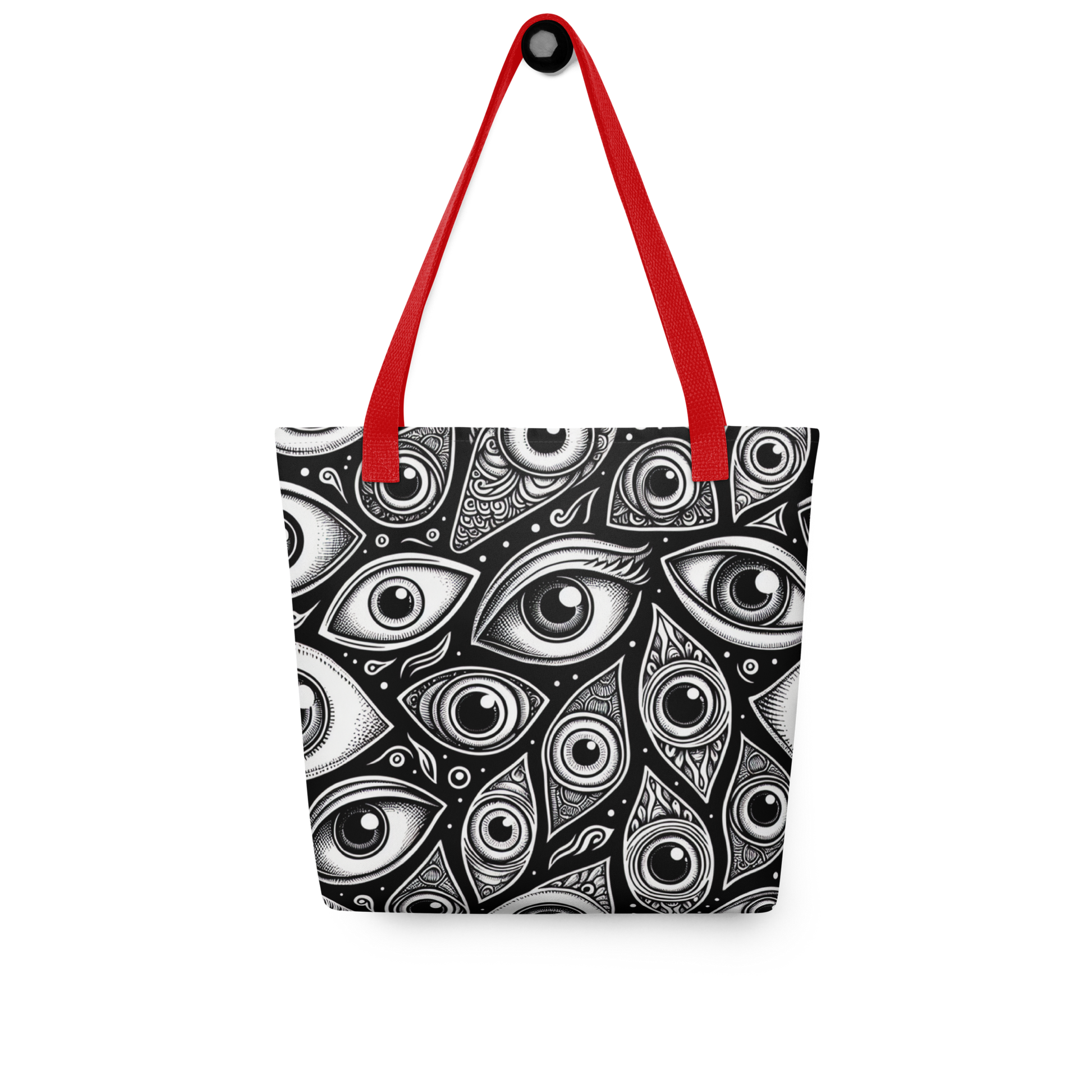All Over Stoffbeutel mit schwarz weißem Augen Muster bedruckt und rotem Henkel