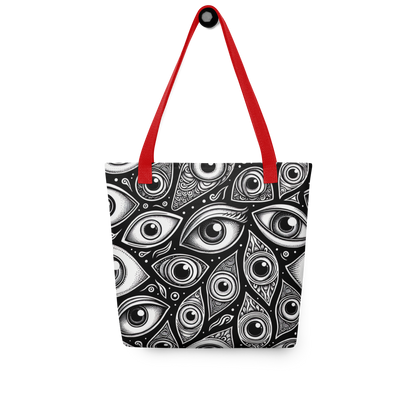 All Over Stoffbeutel mit schwarz weißem Augen Muster bedruckt und rotem Henkel