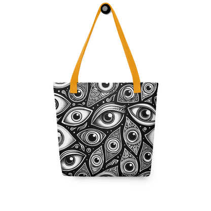 All Over Stoffbeutel mit schwarz weißem Augen Muster bedruckt und gelbem Henkel