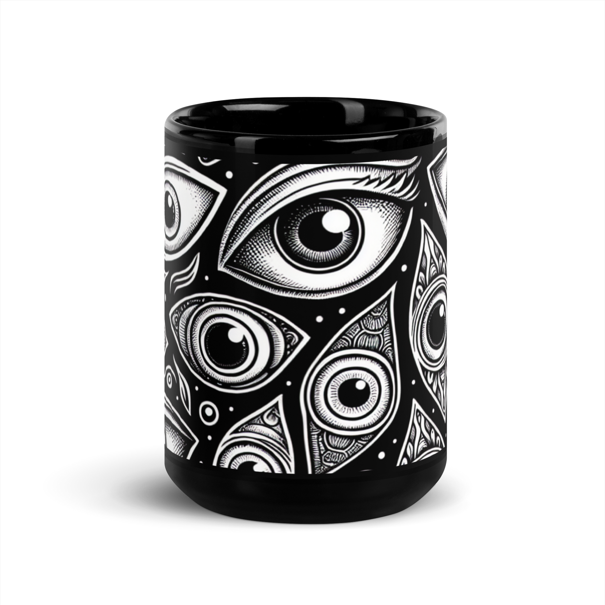 Schwarze Tasse mit schwarz weißen Augen bedruckt Frontansicht