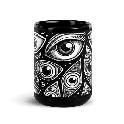 Schwarze Tasse mit schwarz weißen Augen bedruckt Frontansicht