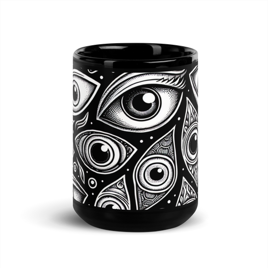 Schwarze Tasse mit schwarz weißen Augen bedruckt Frontansicht