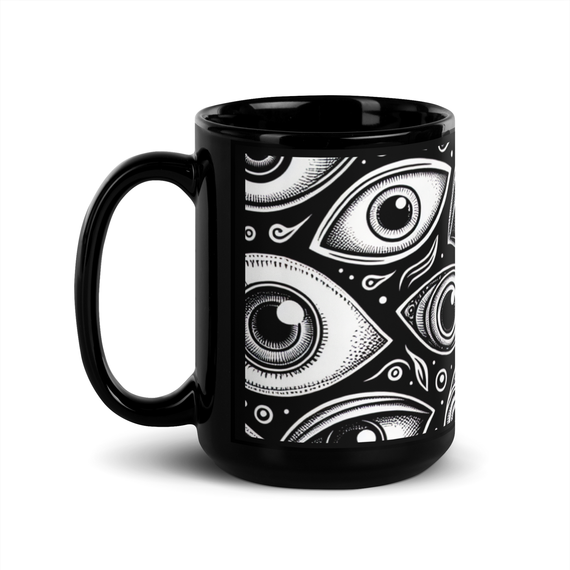 Schwarze Tasse mit schwarz weißen Augen bedruckt Seitenansicht links
