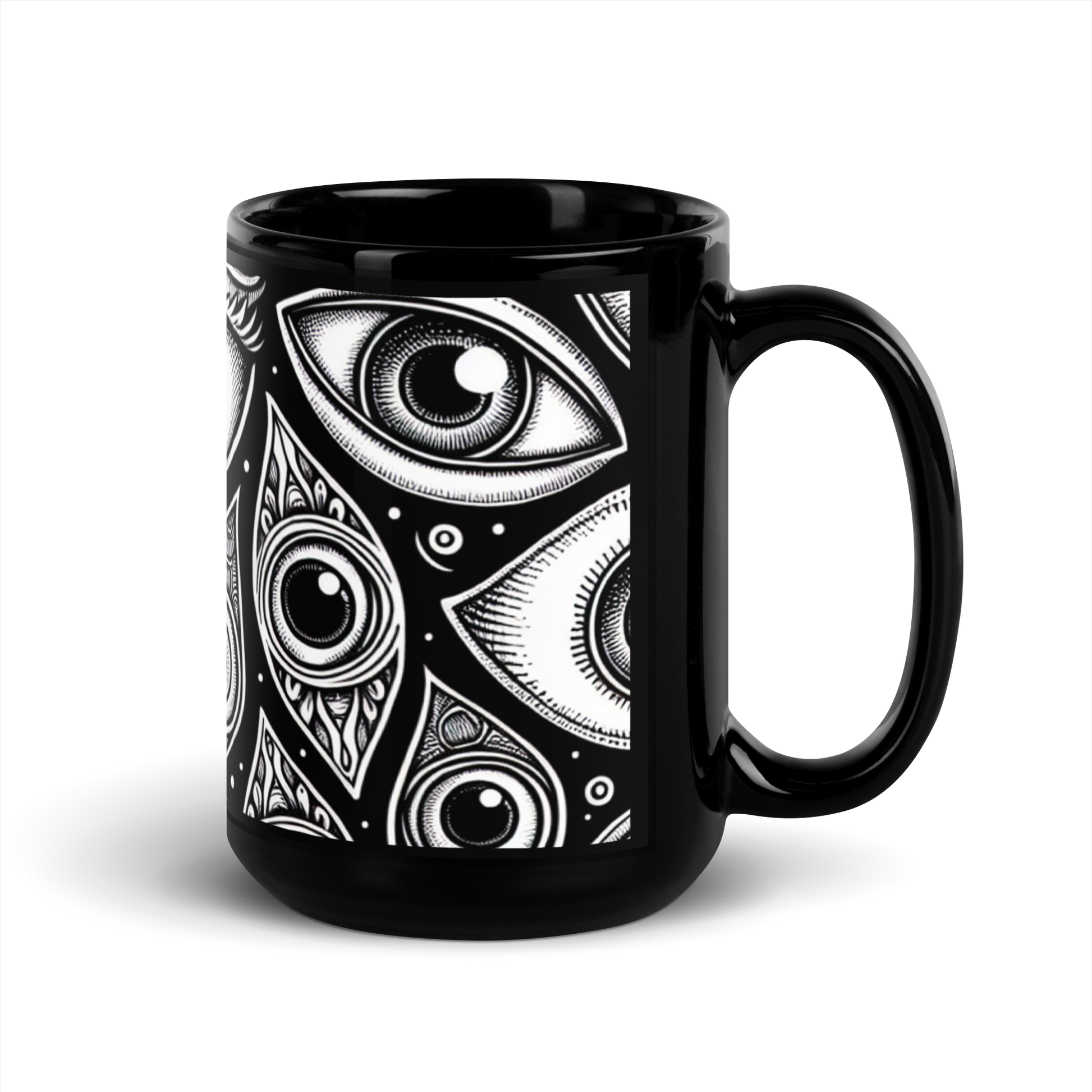 Schwarze Tasse mit schwarz weißen Augen bedruckt Seitenansicht rechts