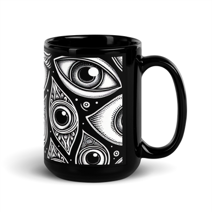 Schwarze Tasse mit schwarz weißen Augen bedruckt Seitenansicht rechts