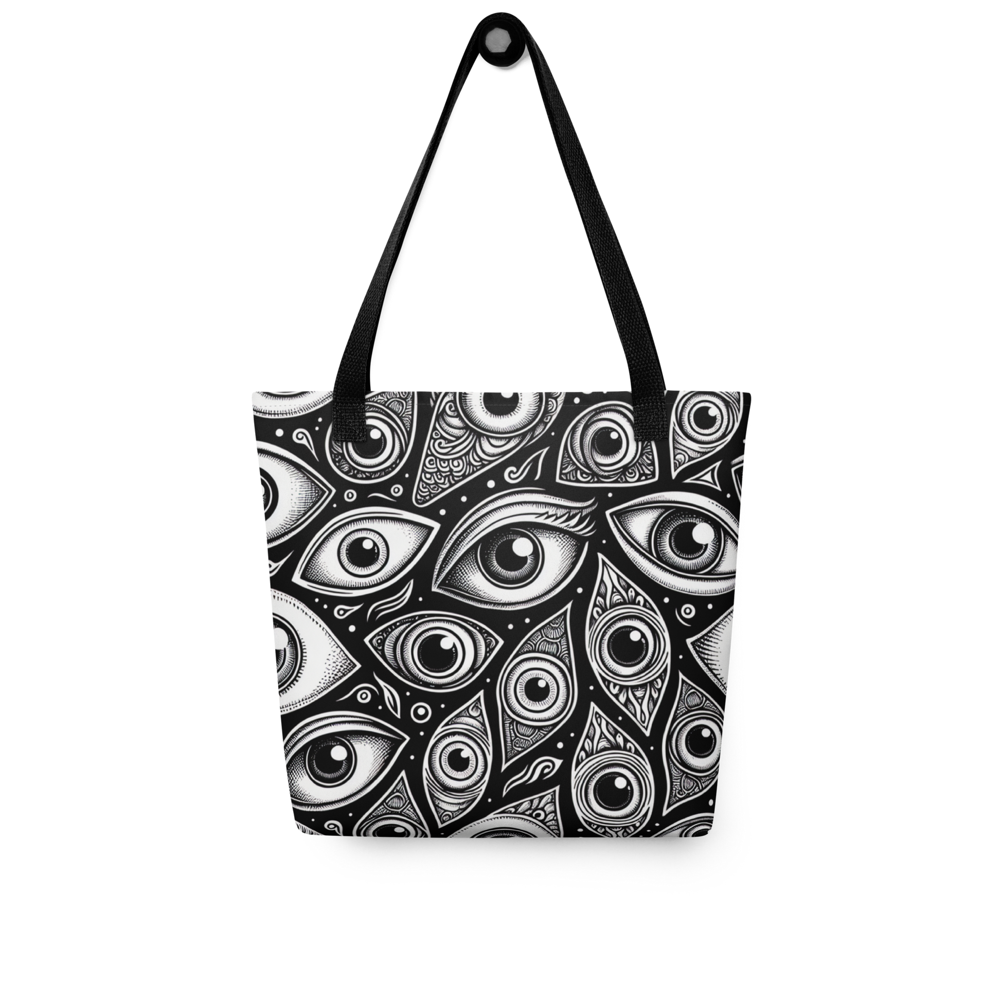 All Over Stoffbeutel mit schwarz weißem Augen Muster bedruckt und schwarzem Henkel