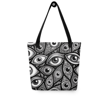 All Over Stoffbeutel mit schwarz weißem Augen Muster bedruckt und schwarzem Henkel