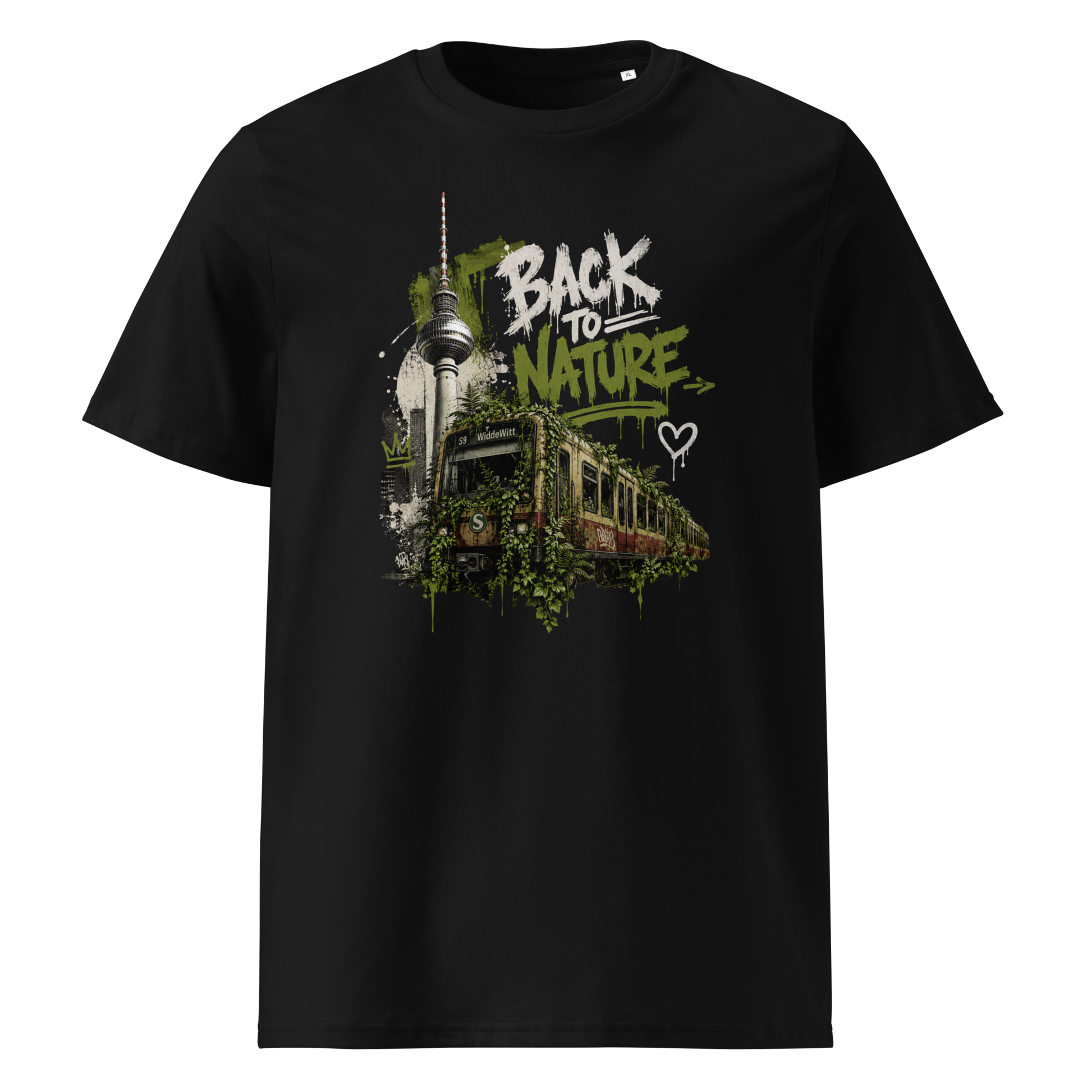 Schwarzes T-Shirt mit Fernsehturm und zugewachsener S-Bahn mit den Worten Back to Nature im Streetart Style
