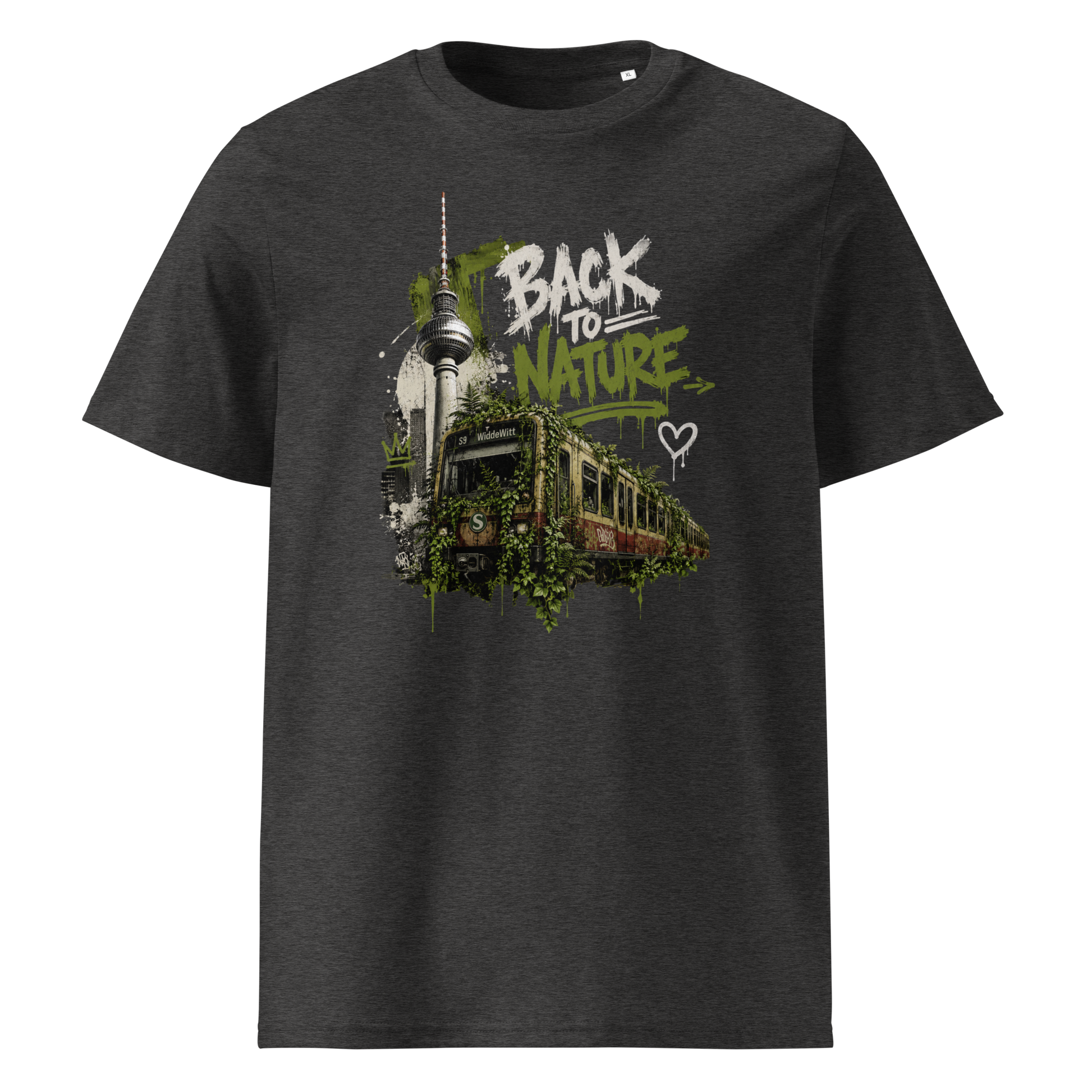 Graues T-Shirt mit Fernsehturm und zugewachsener S-Bahn mit den Worten Back to Nature im Streetart Style