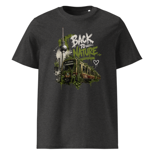 Graues T-Shirt mit Fernsehturm und zugewachsener S-Bahn mit den Worten Back to Nature im Streetart Style