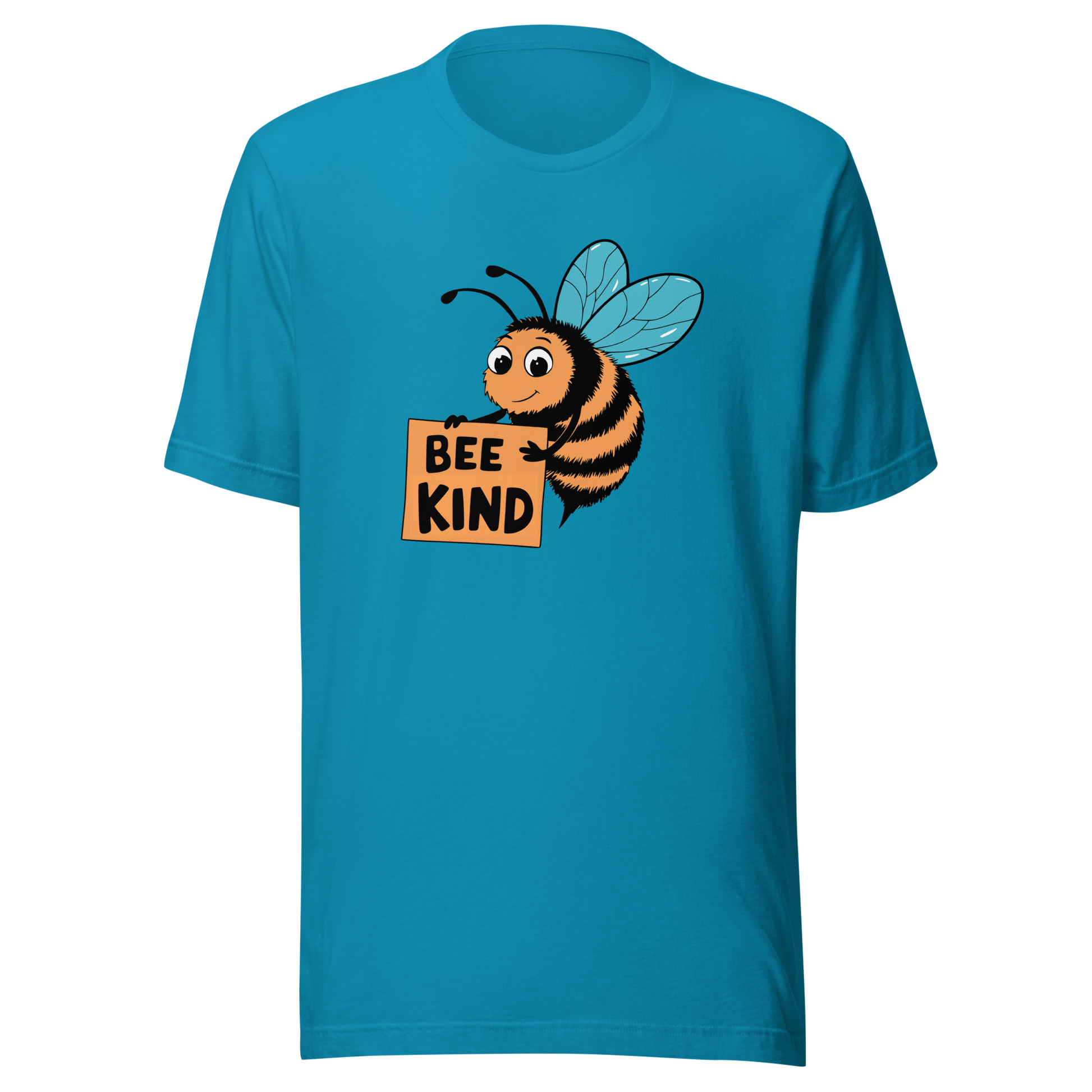 Blaues Unisex T-Shirt mit Biene die ein Schild hält mit BEE KIND Schriftzug
