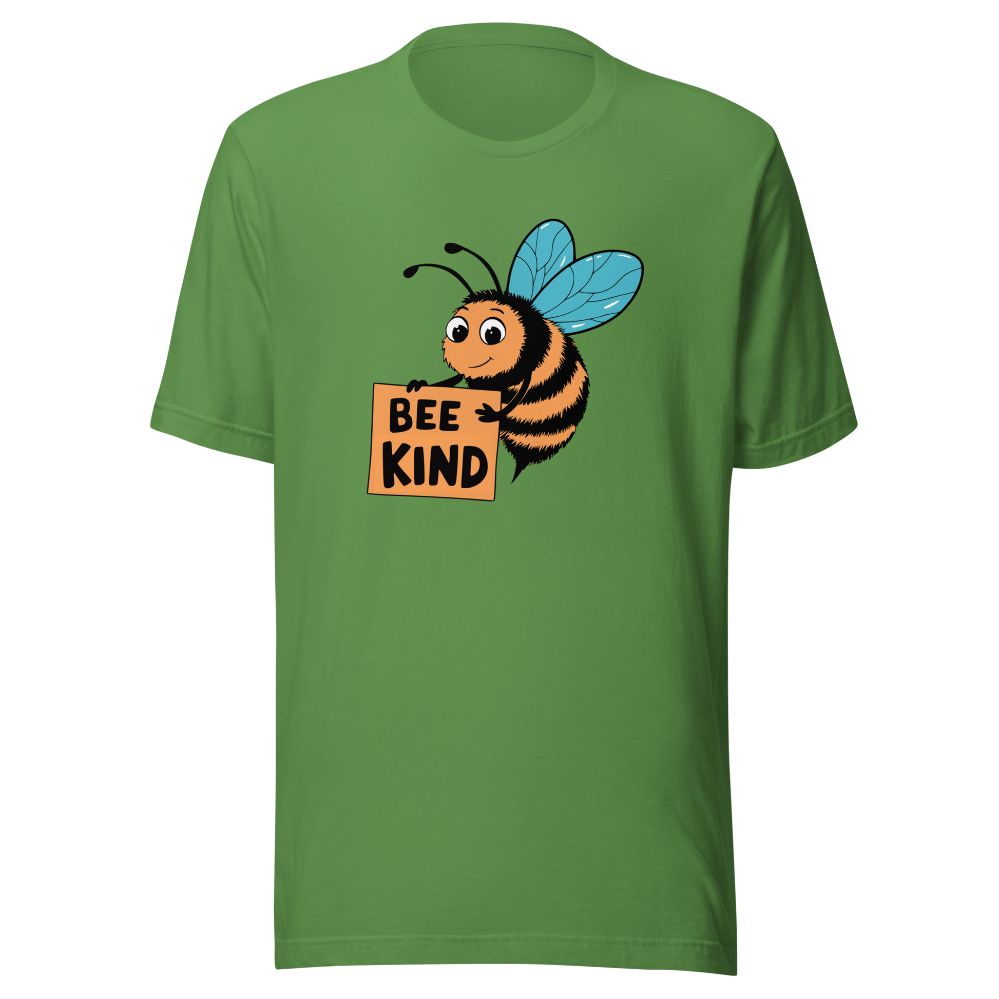 Grünes Unisex T-Shirt mit Biene die ein Schild hält mit BEE KIND Schriftzug