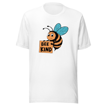 Weißes Unisex T-Shirt mit Biene die ein Schild hält mit BEE KIND Schriftzug