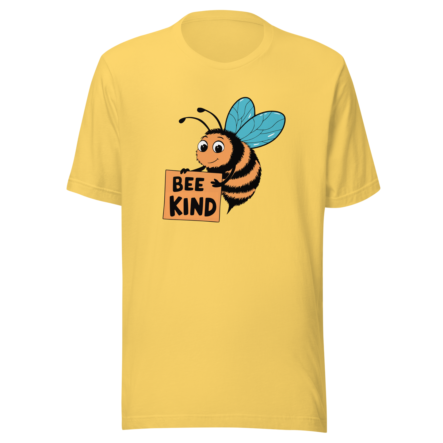 Gelbes Unisex T-Shirt mit Biene die ein Schild hält mit BEE KIND Schriftzug