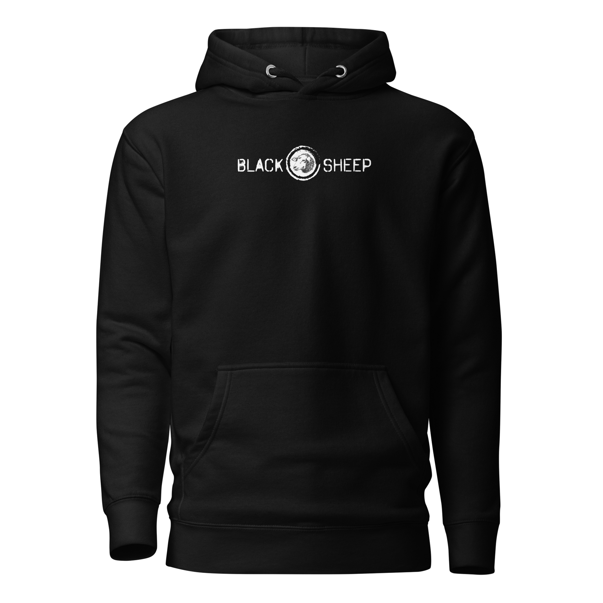 Schwarzer Unisex Hoodie mit Black Sheep Schriftzug und kleinem Schafskopf auf Brusthöhe