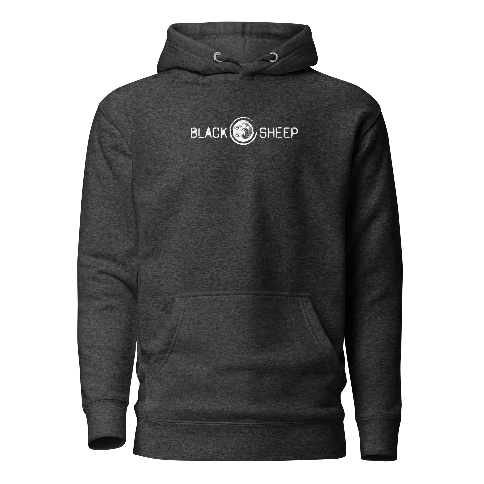 Heather grauer Unisex Hoodie mit Black Sheep Schriftzug und kleinem Schafskopf auf Brusthöhe
