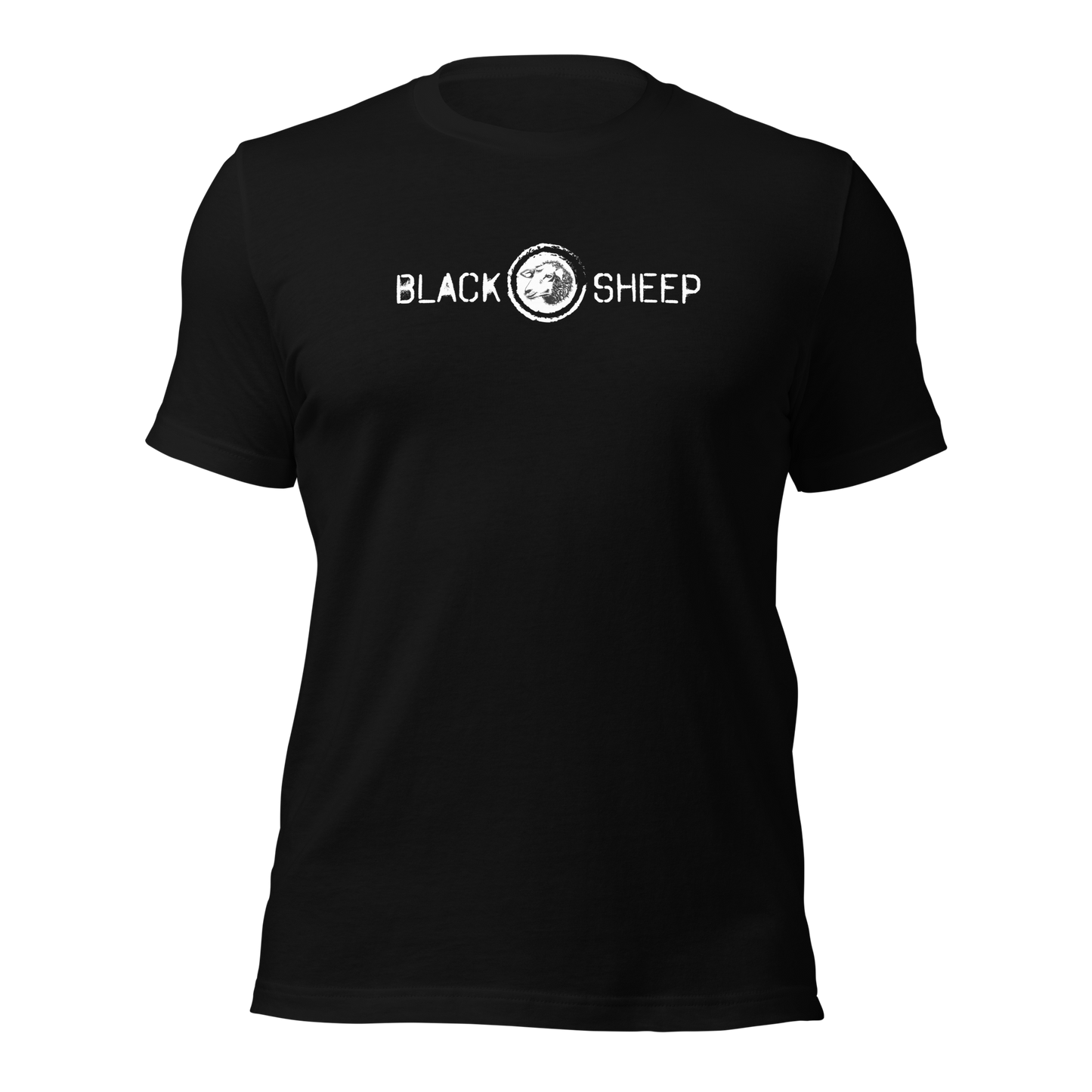 Schwarzes Unisex T-Shirt mit Black Sheep Schriftzug und kleinem Schafskopf auf Brusthöhe