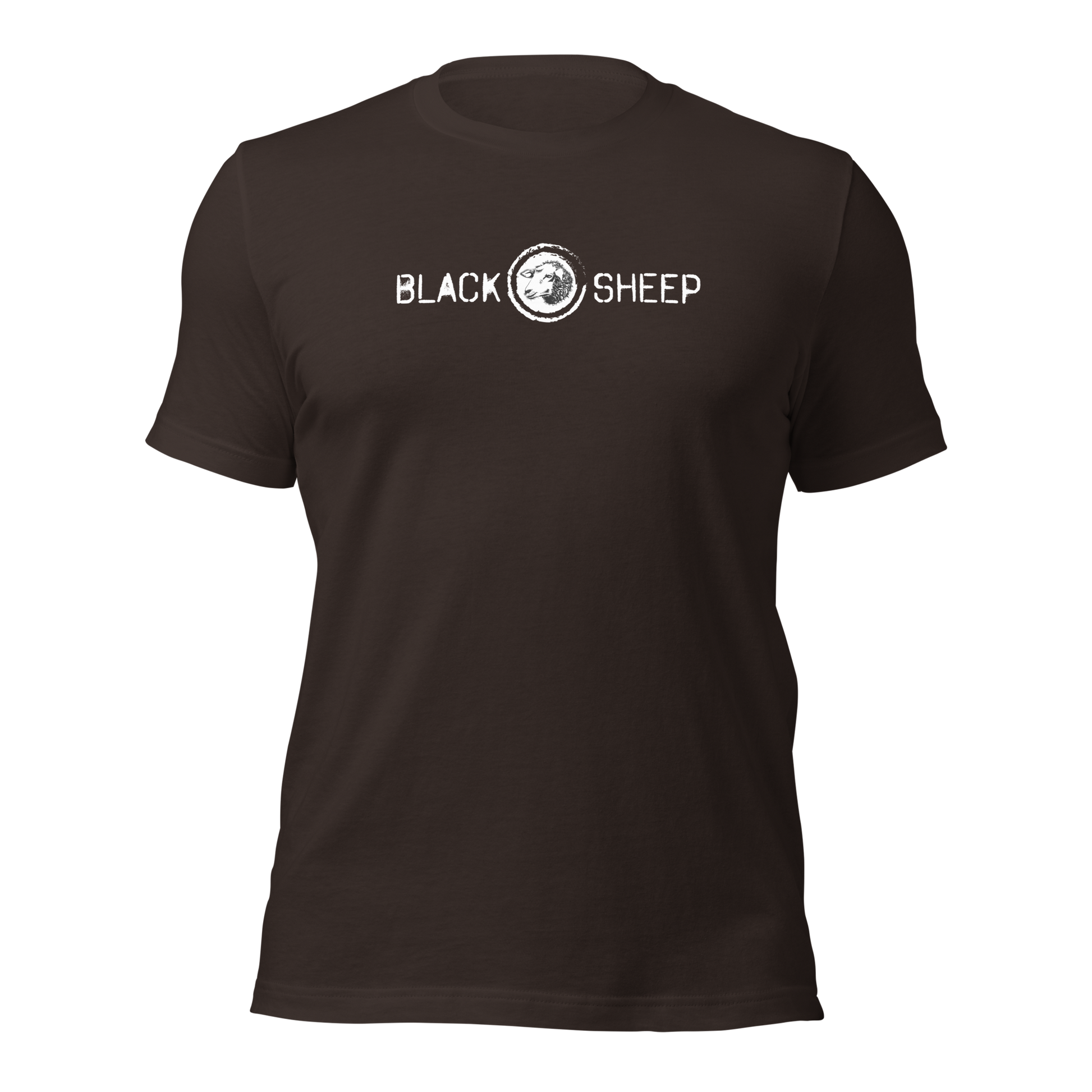 Braunes Unisex T-Shirt mit Black Sheep Schriftzug und kleinem Schafskopf auf Brusthöhe