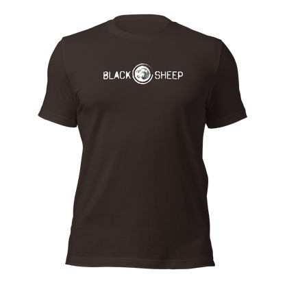 Braunes Unisex T-Shirt mit Black Sheep Schriftzug und kleinem Schafskopf auf Brusthöhe