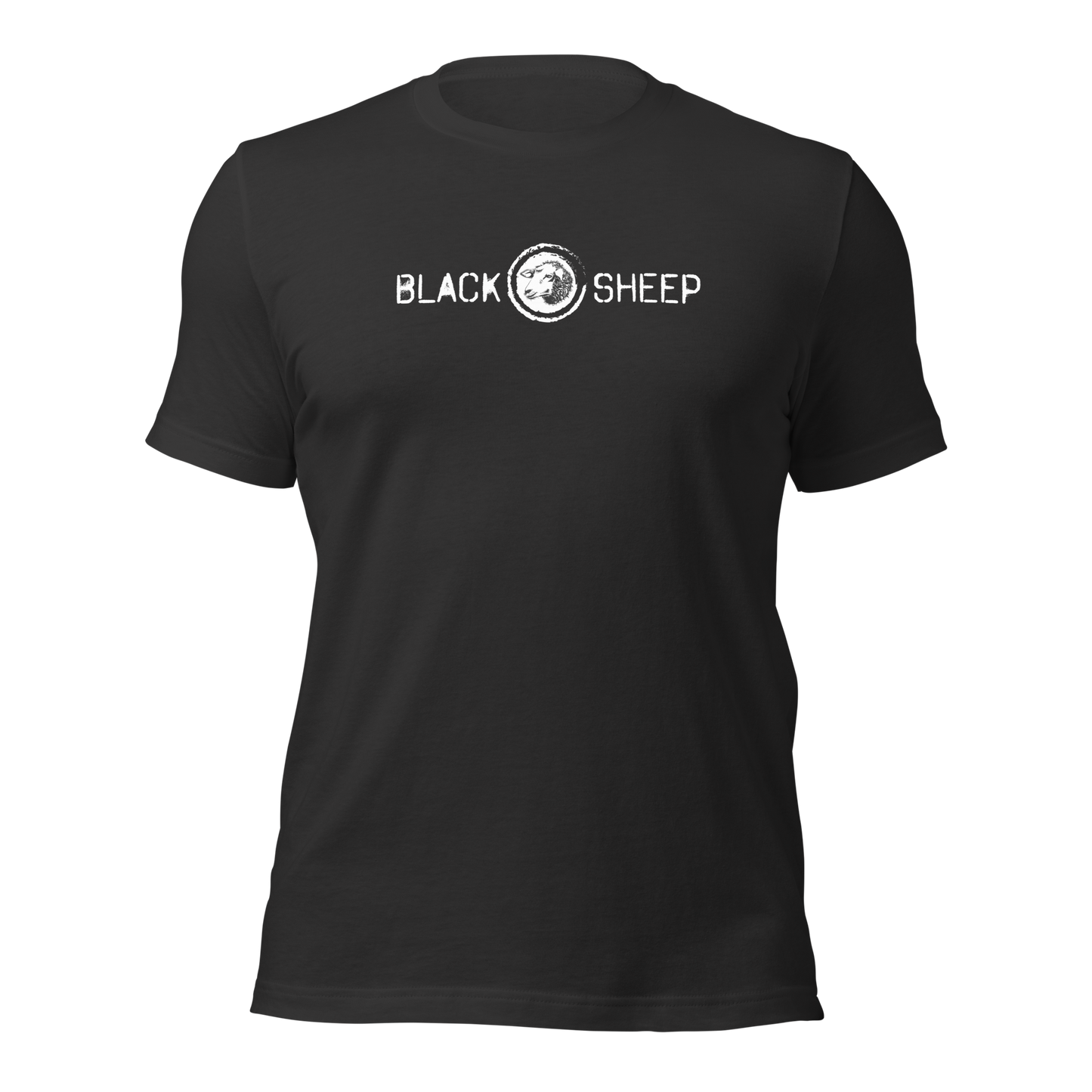 Dunkelgraues Unisex T-Shirt mit Black Sheep Schriftzug und kleinem Schafskopf auf Brusthöhe