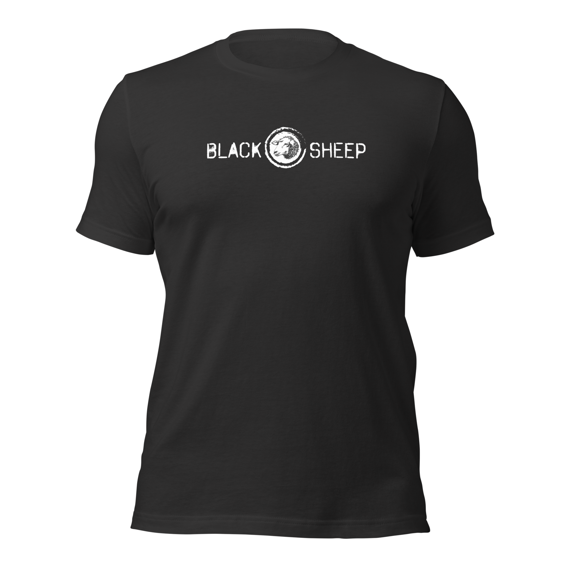 Dunkelgraues Unisex T-Shirt mit Black Sheep Schriftzug und kleinem Schafskopf auf Brusthöhe