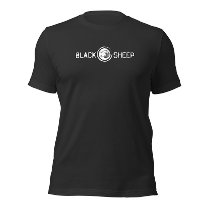 Dunkelgraues Unisex T-Shirt mit Black Sheep Schriftzug und kleinem Schafskopf auf Brusthöhe